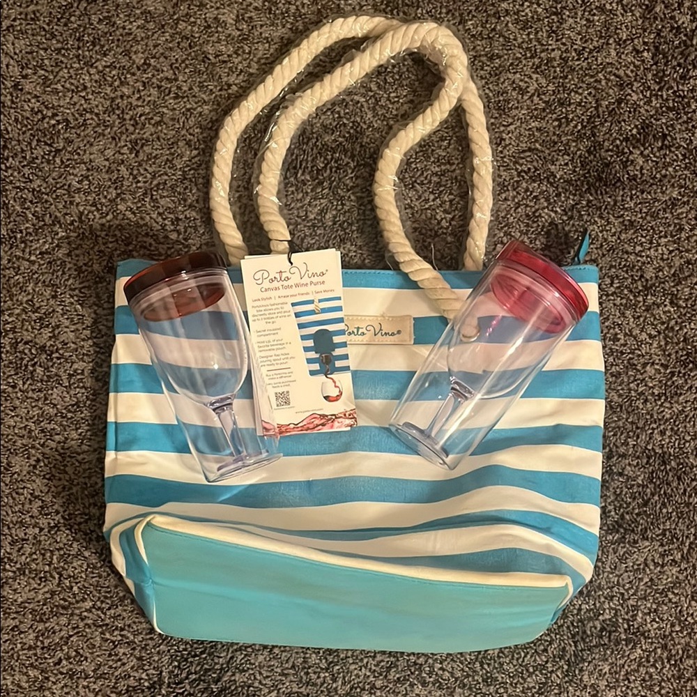 Turquoise and White Striped Drinkware Set for Dining